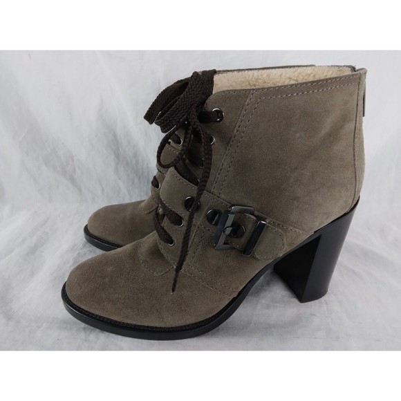 AQUATALIA Grayish Brown Leather Heeled Ankle Boot Lace Up Buckle Womens Size 8.5 - Picture 3 of 9